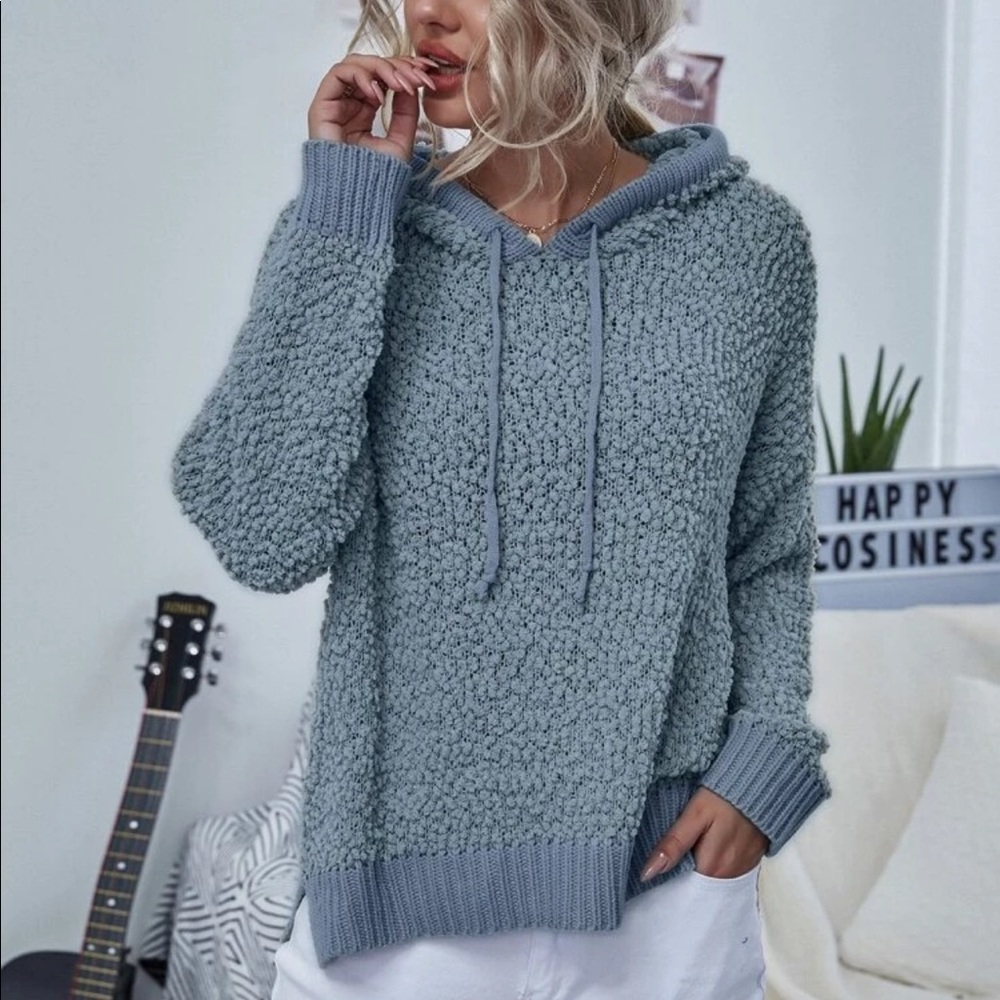 SOFTEST EVER Popcorn knit hoodie pullover blue - Picture 1 of 10